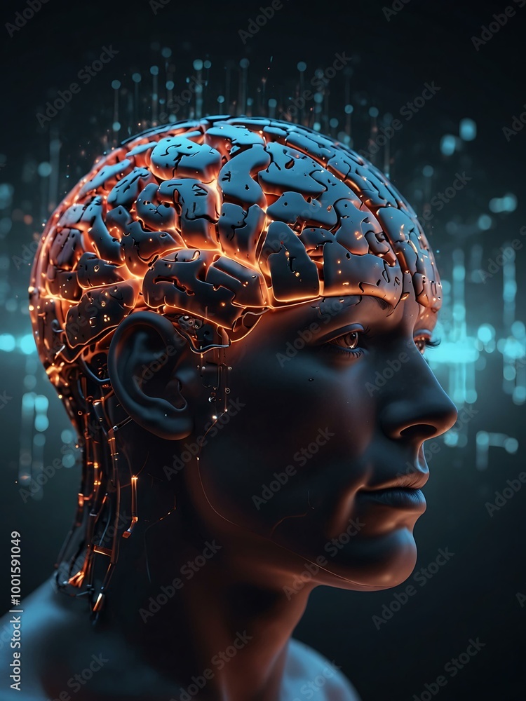 Aufkleber futuristic visualization of ai with a glowing brain.