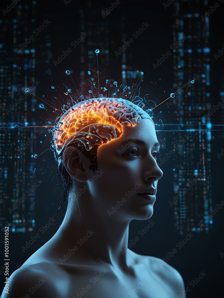 Poster futuristic visualization of ai with a glowing brain.