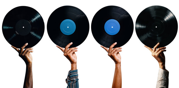 Male hand holding vinyl record on transparent background. Four different images.