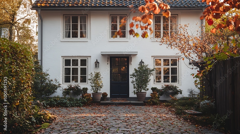 Poster White simple family house with cobblestone entry pathway : Generative AI