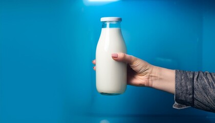 hand with bottle of milk, a person's hand removes a bottle of milk from the refrigerator to drink it