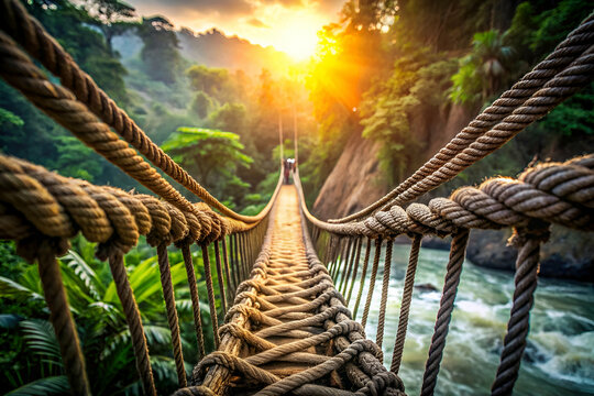 Fototapeta A rope bridge spans a river with a beautiful sunset in the background. The bridge is made of ropes and is suspended over the water. The scene is serene and peaceful