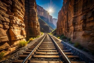 Naklejka premium A train tracks run through a canyon with a bright sun shining on the tracks. The scene is peaceful and serene, with the sun casting a warm glow on the landscape