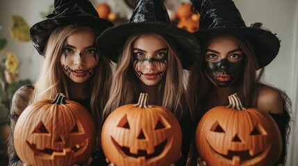Fototapeta premium Halloween Celebrations with Witches and Pumpkins in an Autumn Forest Setting