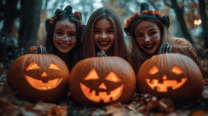 Fototapeta premium Halloween Celebrations with Witches and Pumpkins in an Autumn Forest Setting