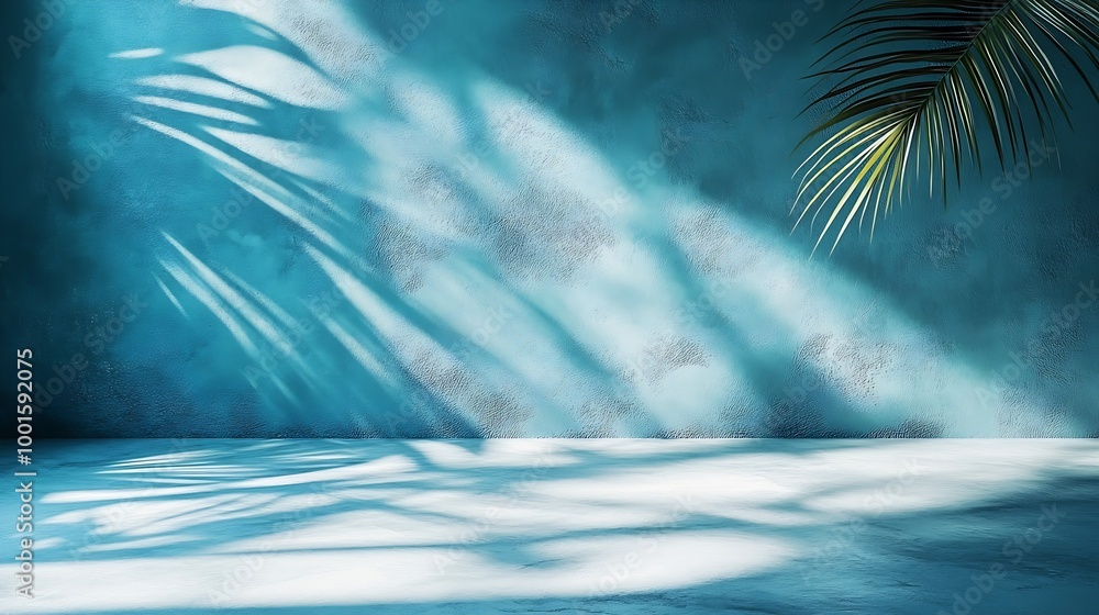 Poster minimal product placement background with palm shadow on blue plaster wall luxury summer architectur