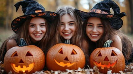 Fototapeta premium Halloween Celebrations with Witches and Pumpkins in an Autumn Forest Setting