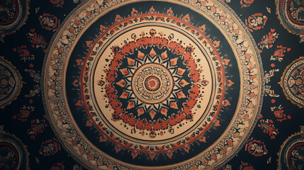 A detailed view of a rug featuring a circular design with intricate patterns and colors. Persian Rug Design. Illustration