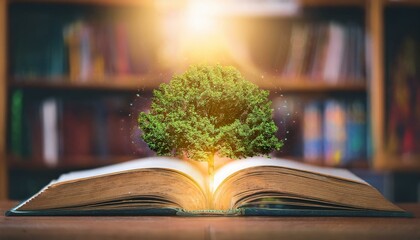 The concept of education by planting a tree of knowledge in the opening of an old book in the library and the magical magic of light that flies to the destination of success. Beautiful background
