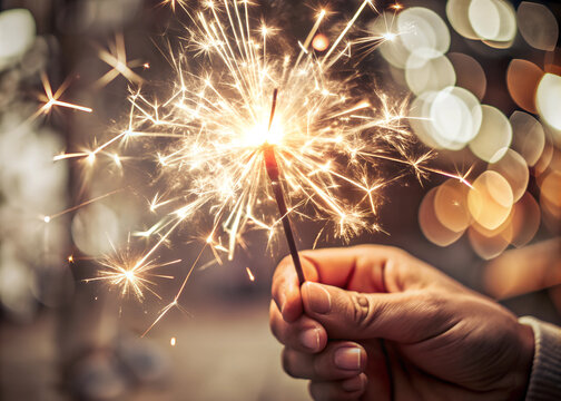 Hand holding burning Sparkler blast on a black bokeh background at night,holiday celebration event party,dark vintage tone