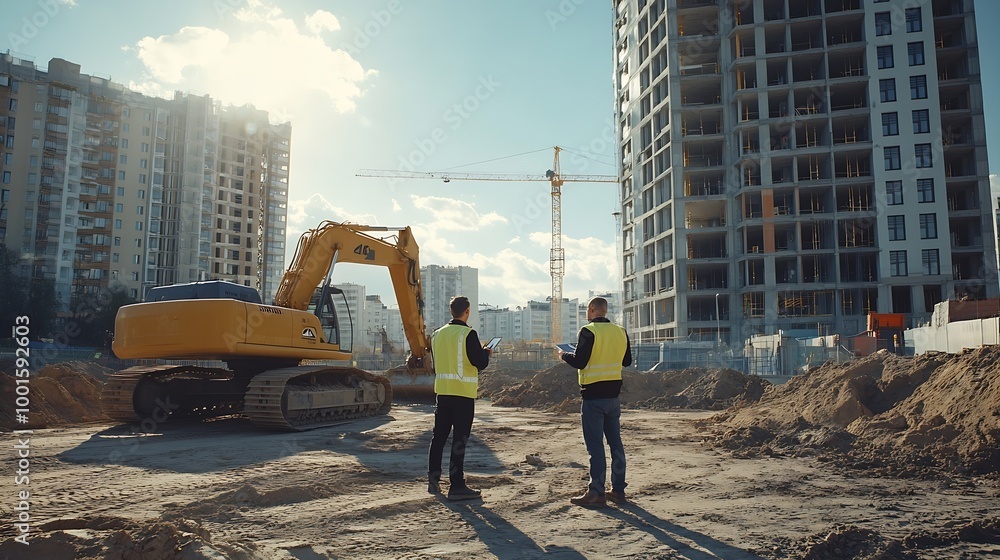 Aufkleber construction site with excavators on sunny day diverse team of male and female real estate developer