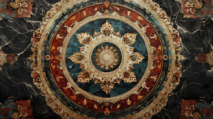 A detailed view of a rug featuring a circular design with intricate patterns and colors. Persian Rug Design. Illustration