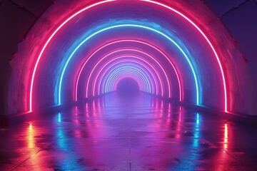 Fototapeta premium 3d render, red blue neon light, illuminated corridor, tunnel, empty space, ultraviolet light, 80's retro style, fashion show stage, abstract background