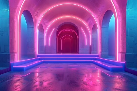 3d render, pink violet blue neon abstract background, ultraviolet light, night club empty room interior, tunnel or corridor, glowing panels, fashion podium, performance stage decorations - Powered by Adobe