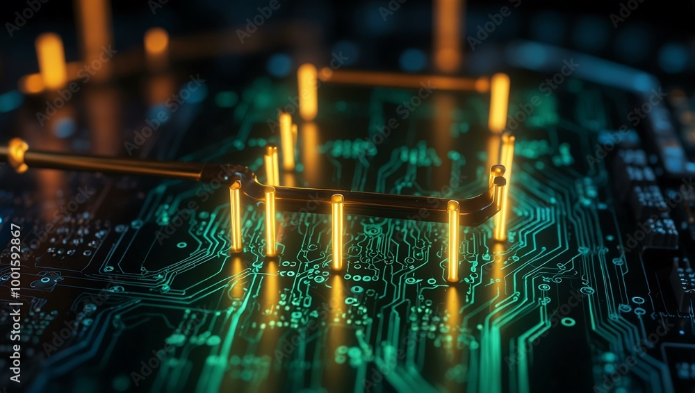 Poster glowing nodes on a digital circuit board highlighting artificial intelligence.
