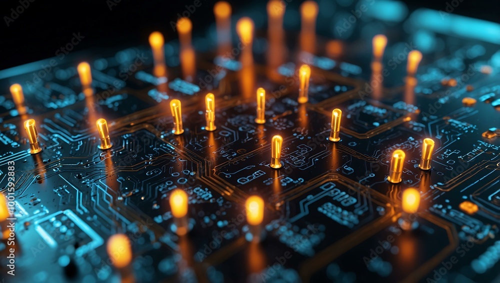 Poster glowing nodes on a digital circuit board highlighting artificial intelligence.