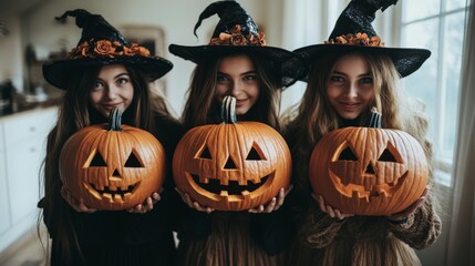 Fototapeta premium Halloween Celebrations with Witches and Pumpkins in an Autumn Forest Setting