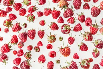 Vibrant fresh raspberries elegantly floating on a pristine white background for stunning visuals