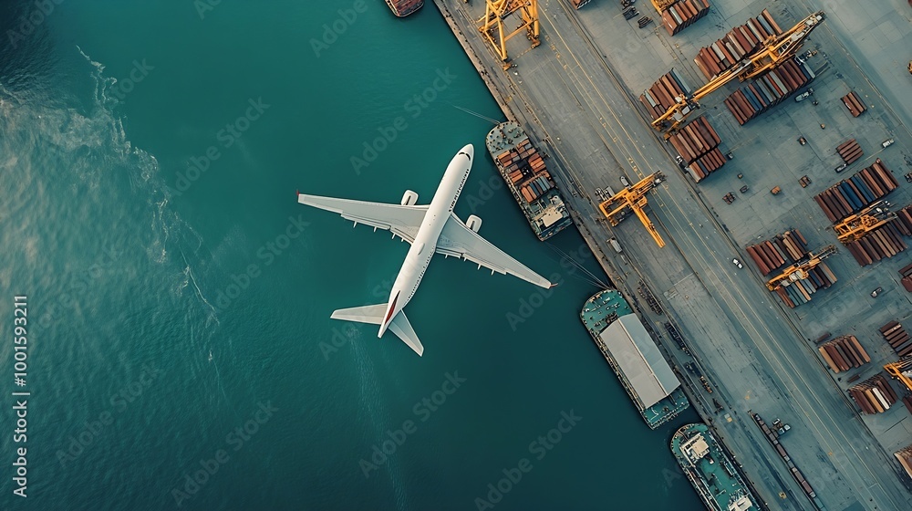 Poster aerial view and top view cargo plane flying above ship port in the export and import business and sm