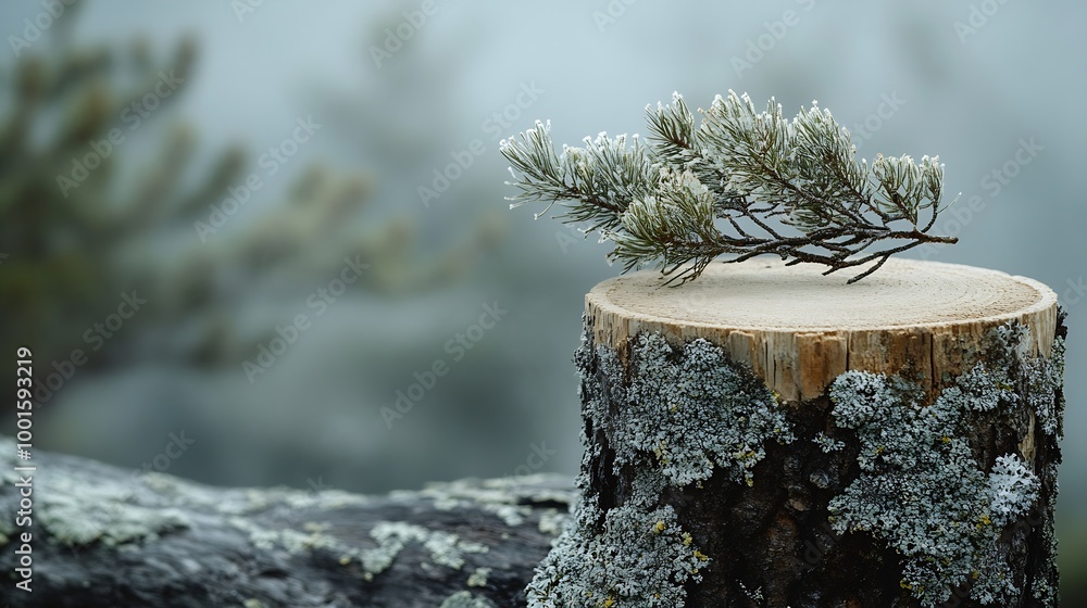 Aufkleber Abstract north nature scene with a composition of lichen pine branches and dry snags Place your product on a cork podium Copy space : Generative AI