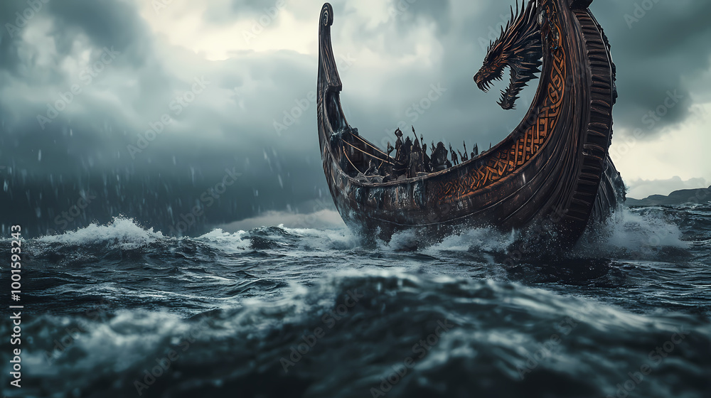 Wall mural A fierce viking longship with intricately carved dragon figurehead sails across stormy seas waves crashing, dramatic sky in the background. Viking Longship. Illustration