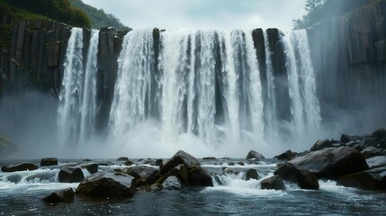 Obraz premium Thunderous waterfall crashing onto jagged rocks, mist rising in the air, capturing the raw, untamed power of nature, waterfall, raw power of nature