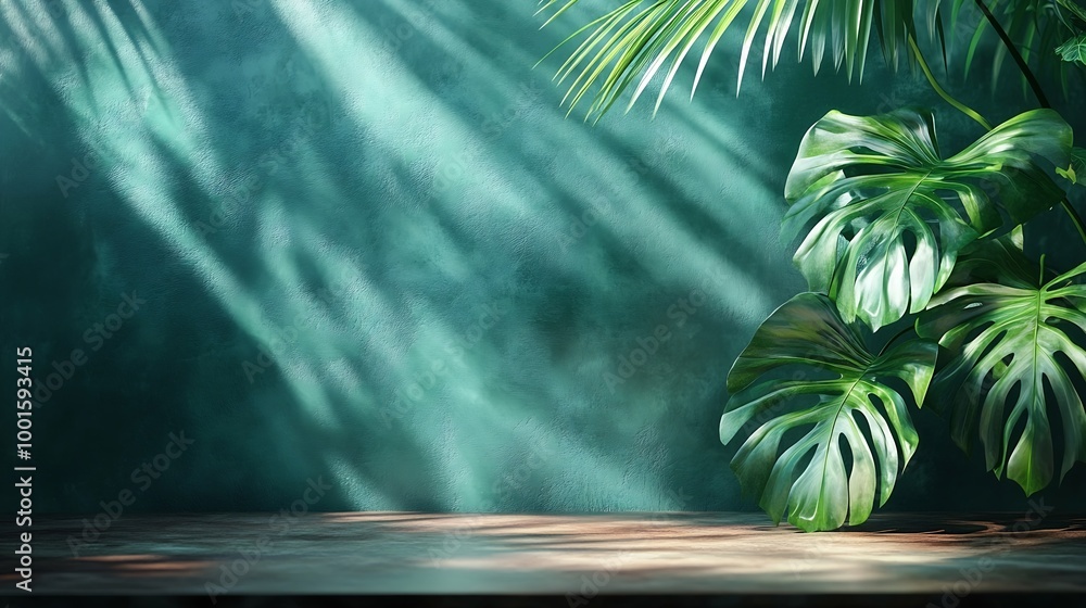 Aufkleber empty table on dark green texture wall background composition with monstera leaves shadow on the wal