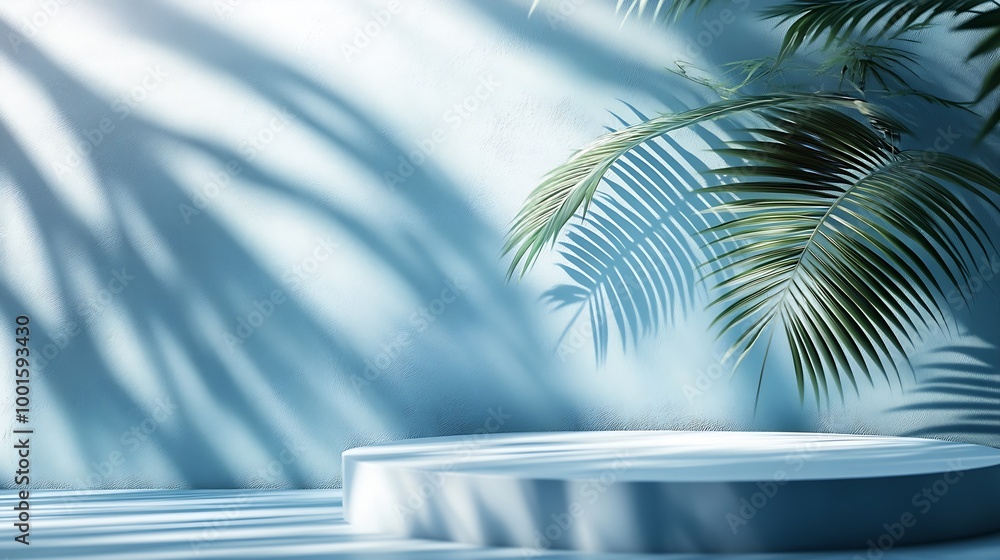 Poster abstract blue background with shadow of palm leaves for the presentation of a cosmetic product a sce