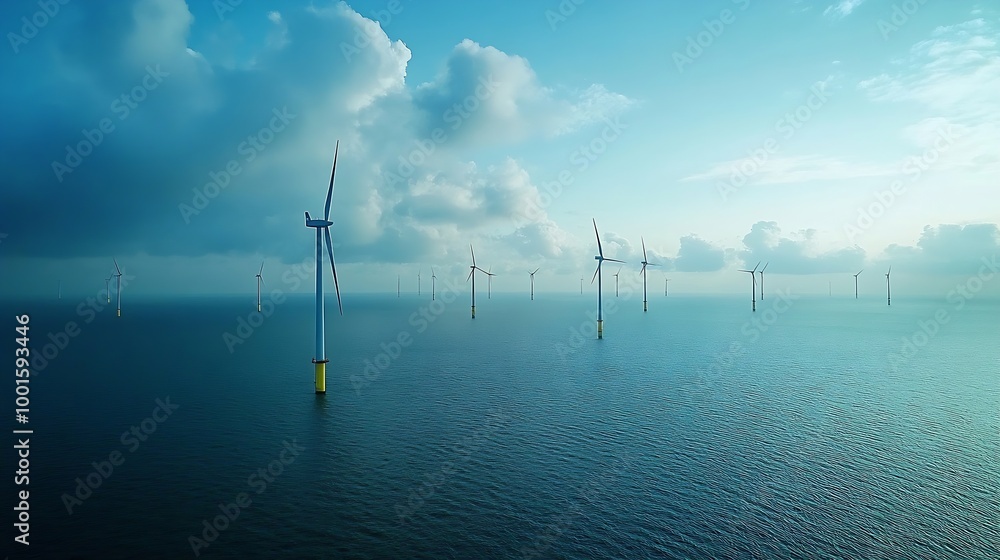 Poster offshore windmill park with clouds and a blue sky windmill park in the ocean aerial view with wind t