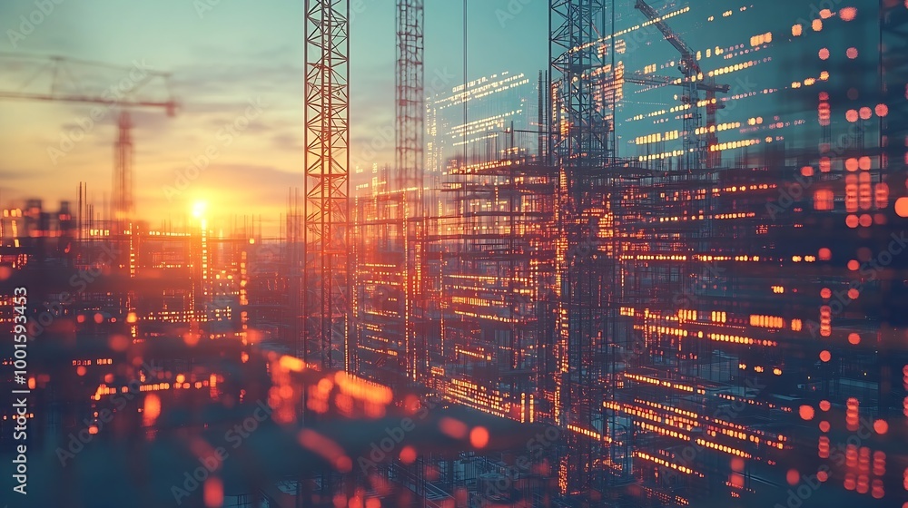 Leinwandbilder Image of financial data processing over crane and construction site global development business finance digital interface and data processing concept digitally generated image : Generative AI