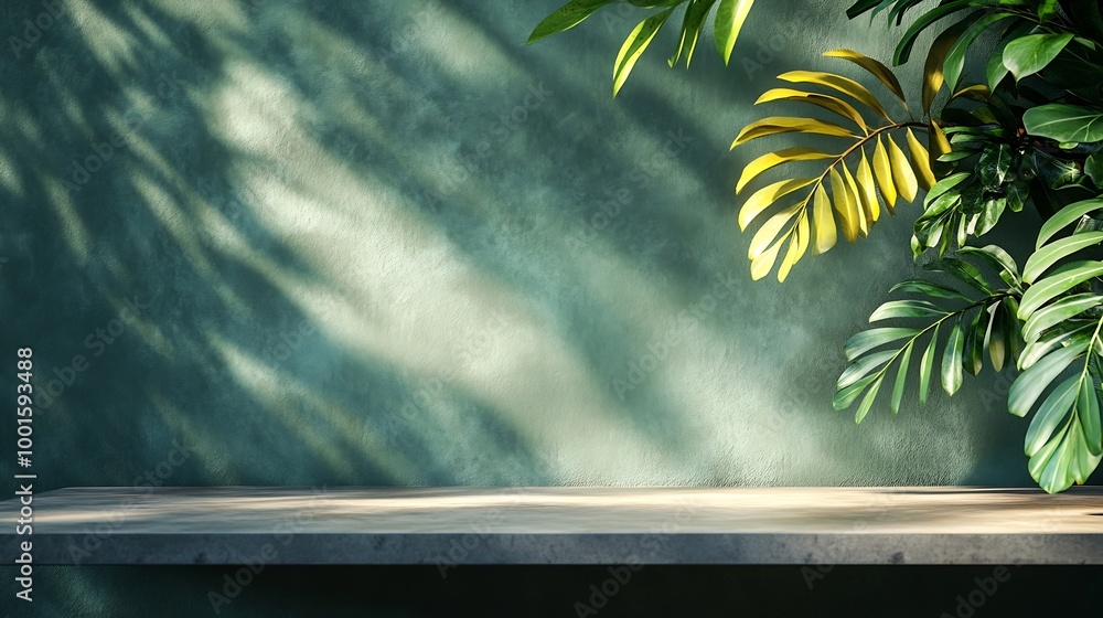 Fototapete Empty table and darkgreen wall Table with sun reflections and leaves shadows on beige wall Background with bokeh for product presentationMock up for presentation branding products cosm : Generative AI