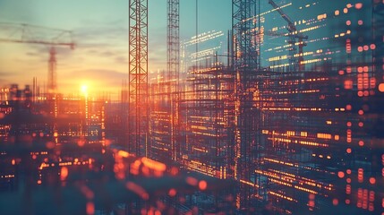 Image of financial data processing over crane and construction site global development business finance digital interface and data processing concept digitally generated image : Generative AI