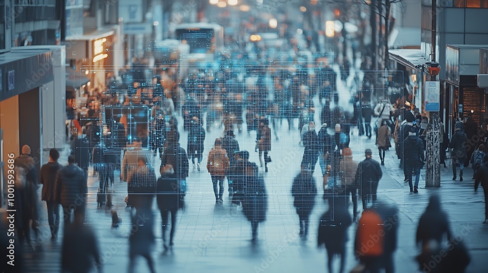 Poster elevated security camera surveillance footage of a crowd of people walking on busy urban city street