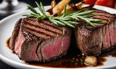 Two perfectly cooked steaks with rosemary garnish and a side of roasted vegetables