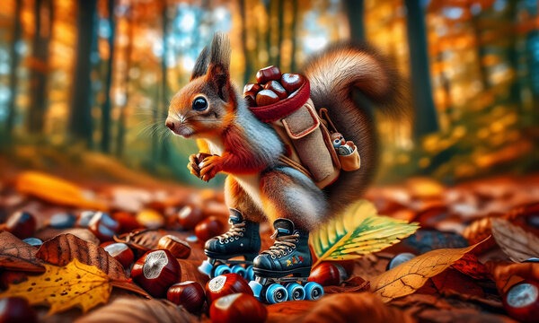 Ein Eichh&ouml;rnchen mit Rucksack auf Inlinern im Herbstwald sammelt Kastanien ein