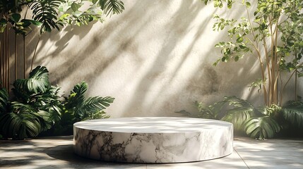Luxurious stonemarble pedestal basks in foliage gobo sunlight Wooden rod backdrop adds depth and elegance Ideal for premium product showcases and sophisticated designs : Generative AI