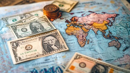 currency exchange and money transfer concept illustrated with a world map, banknotes of various currencies, and a financial graph background highlighting global finance and market trends