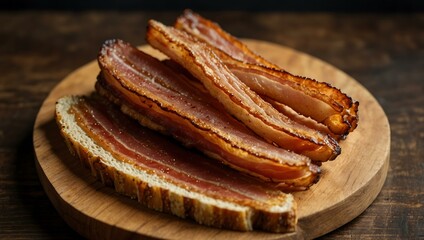 Golden-brown bacon on a wooden platter, perfect for breakfast.