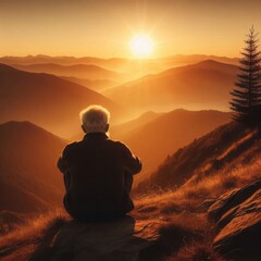 An elderly man looks at the sunset in the mountains.