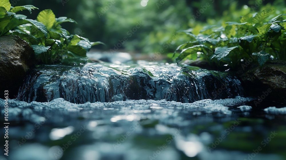 Poster Spring background Stream of water in the forest : Generative AI