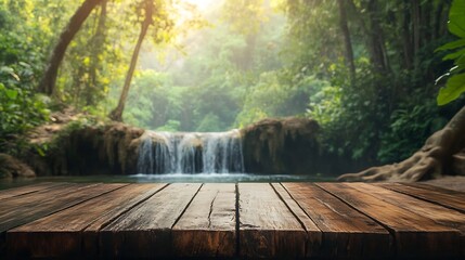 Wood table top podium floor in outdoor waterfall green tropical forest nature backgroundNatural water product present placement pedestal counter display spring summer jungle paradise c : Generative AI