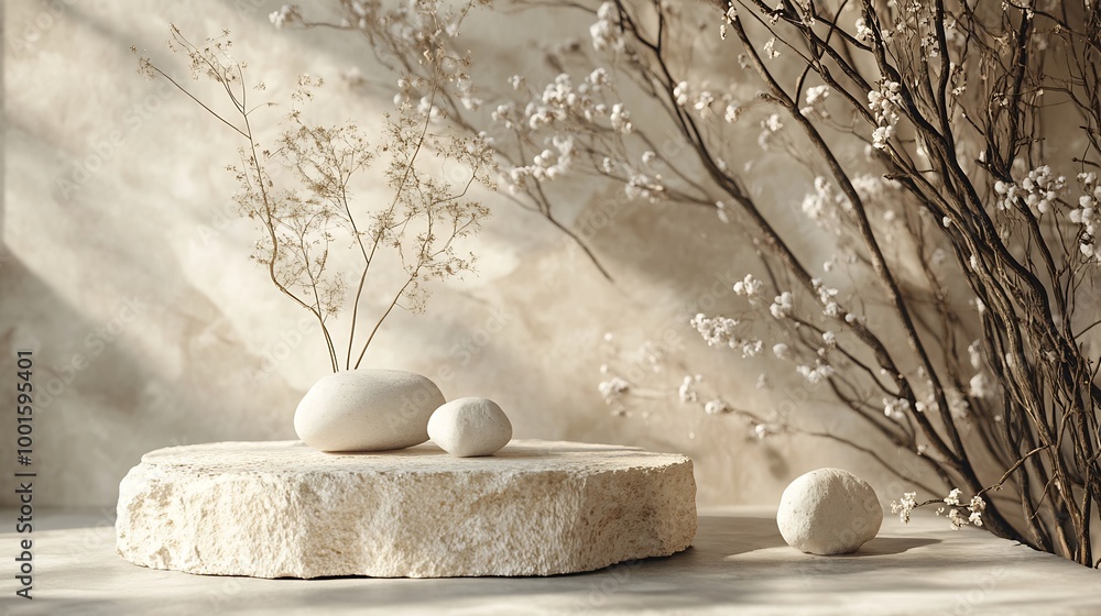 Poster composition empty podium material tree stone dry flowers product presentation background beige green