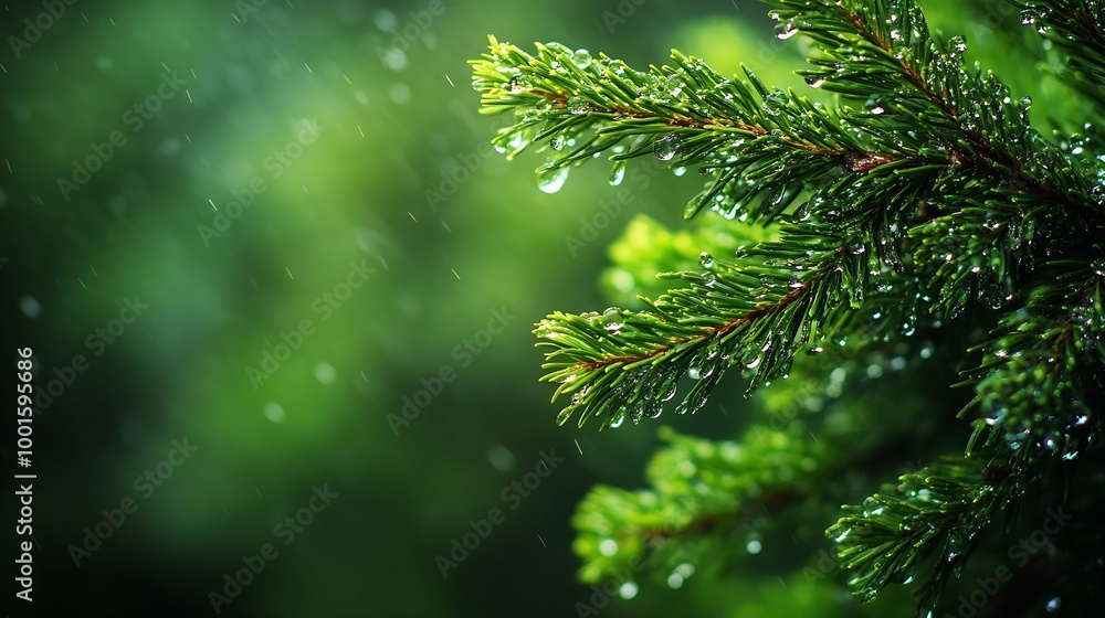 Poster wet coniferous trees with shiny drops wet leaves of a pine tree with blurry green background closeup
