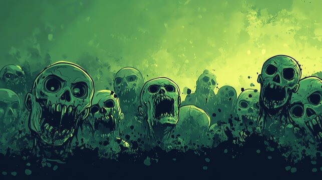 scary green zombie cartoon with green background