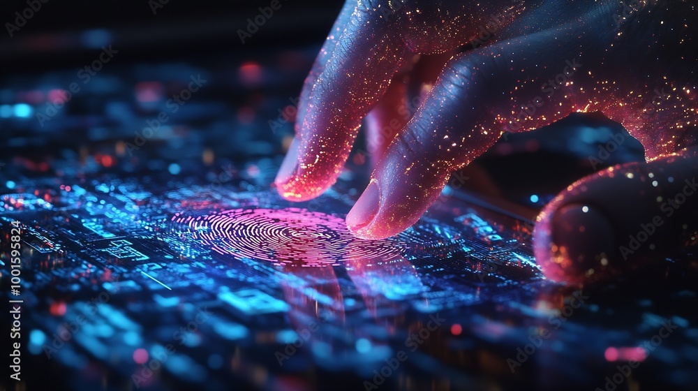 Poster Double exposure of abstract creative fingerprint hologram with hands typing on laptop on background research and development concept : Generative AI