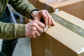 Obraz premium A man is putting tape on a cardboard box