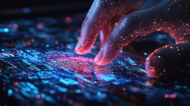 Double exposure of abstract creative fingerprint hologram with hands typing on laptop on background research and development concept : Generative AI