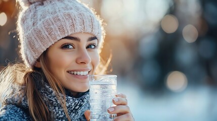 Happy young sporty woman taking a break from running drinking water outdoors during winter cold weather season Copy space Active lifestyle concept : Generative AI