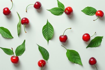 Vibrant red cherries beautifully arranged in a striking pattern on a crisp white background