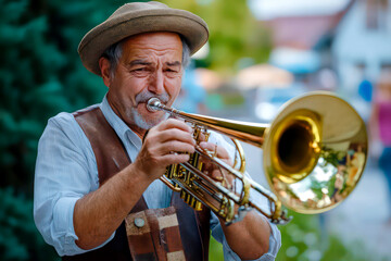 Obraz premium A man in lederhosen playing the trombone.